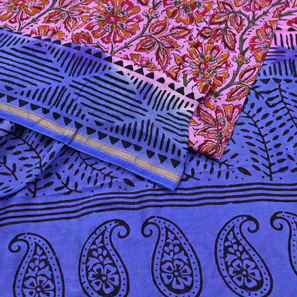 Indian Vintage Sari Blue & Pink Pure chanderi Silk Bagru Printed Sarees Fabric 5Yd Floral Soft Golden Zari Border Ethnic Dress making