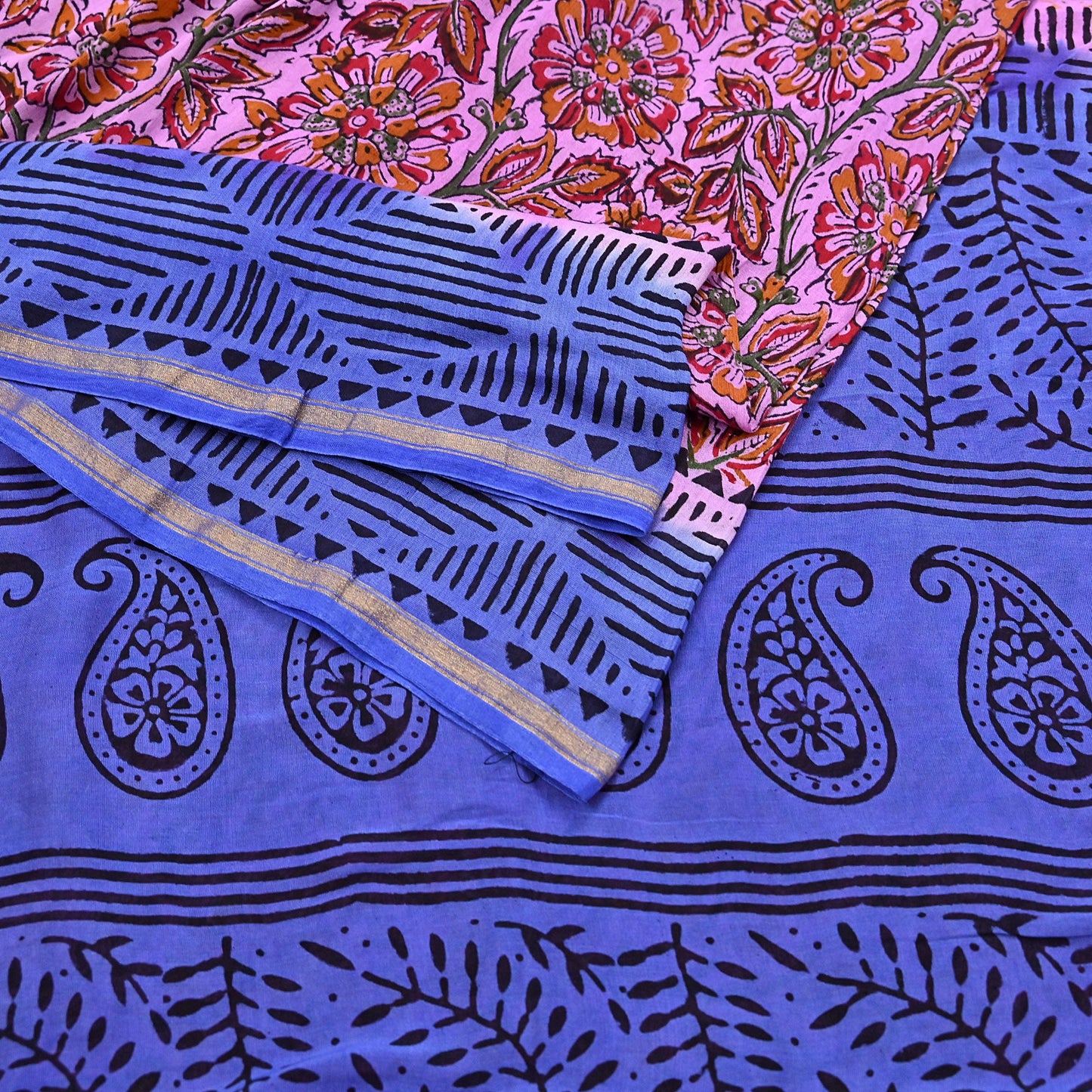 Indian Vintage Sari Blue & Pink Pure chanderi Silk Bagru Printed Sarees Fabric 5Yd Floral Soft Golden Zari Border Ethnic Dress making