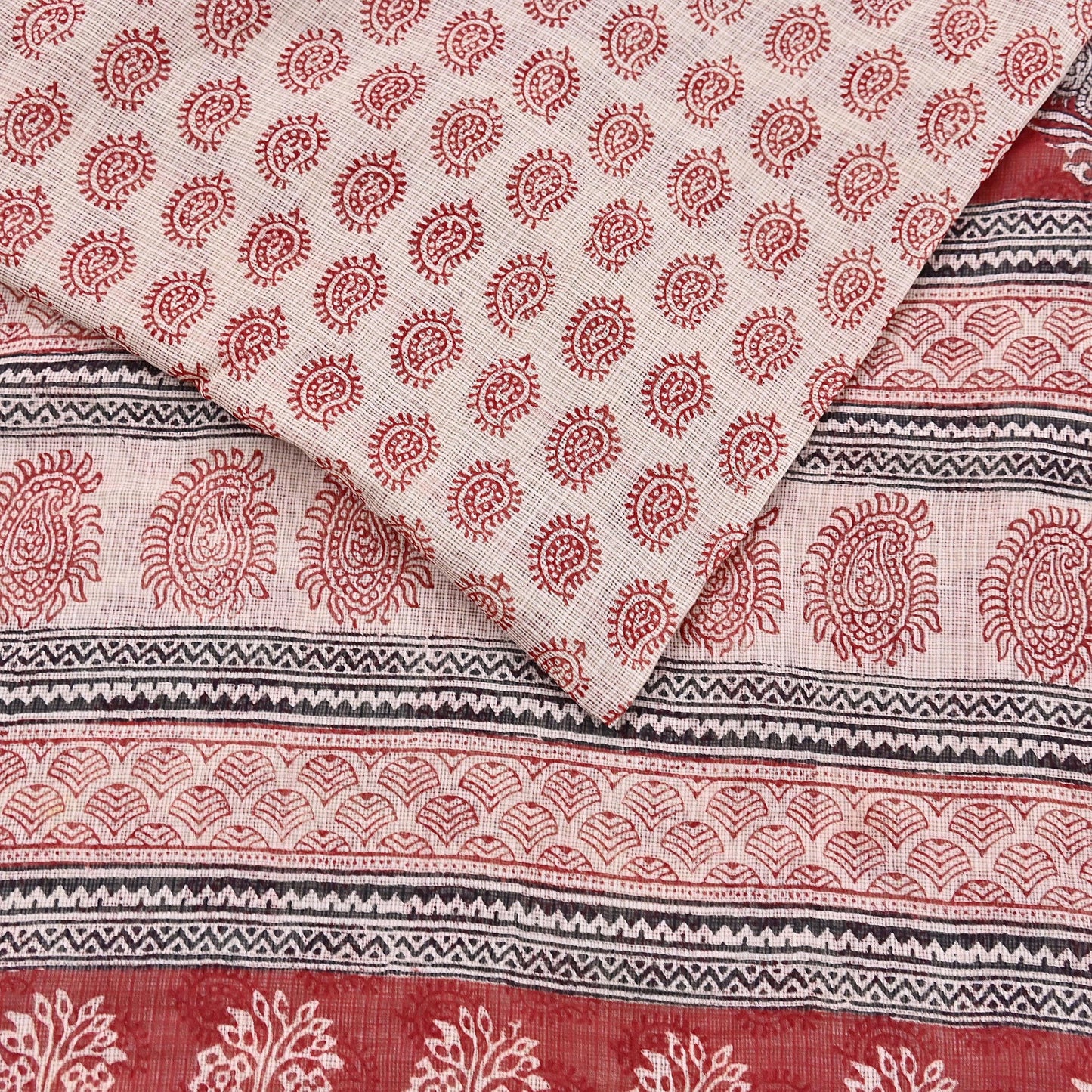 Indian Vintage Red & Beige Sarees Pure Cotton Block Printed Sari 5yd Sewing Craft Fabric DressMaking Soft Crafting Quilting Upcycle