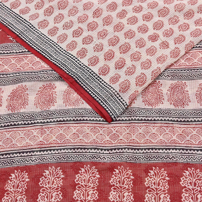 Indian Vintage Red & Beige Sarees Pure Cotton Block Printed Sari 5yd Sewing Craft Fabric DressMaking Soft Crafting Quilting Upcycle