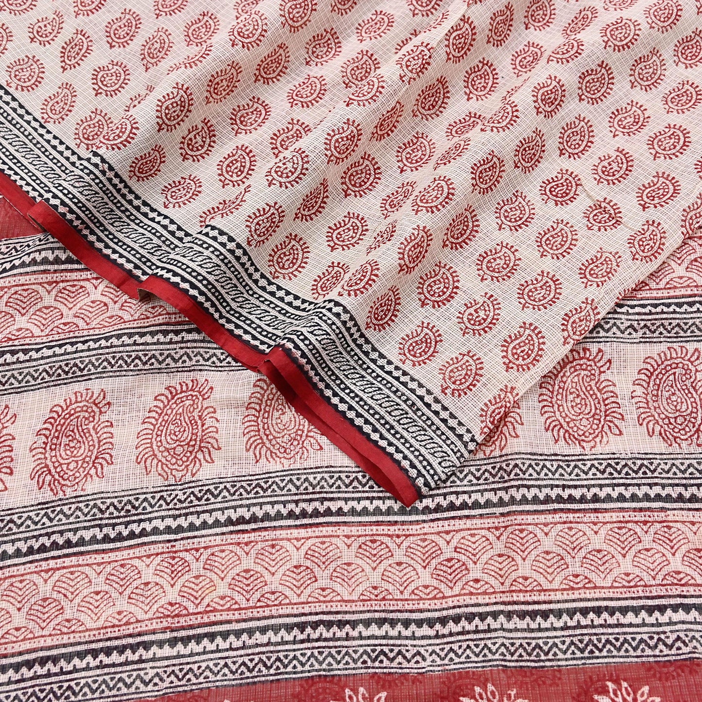 Indian Vintage Red & Beige Sarees Pure Cotton Block Printed Sari 5yd Sewing Craft Fabric DressMaking Soft Crafting Quilting Upcycle