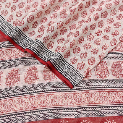 Indian Vintage Red & Beige Sarees Pure Cotton Block Printed Sari 5yd Sewing Craft Fabric DressMaking Soft Crafting Quilting Upcycle