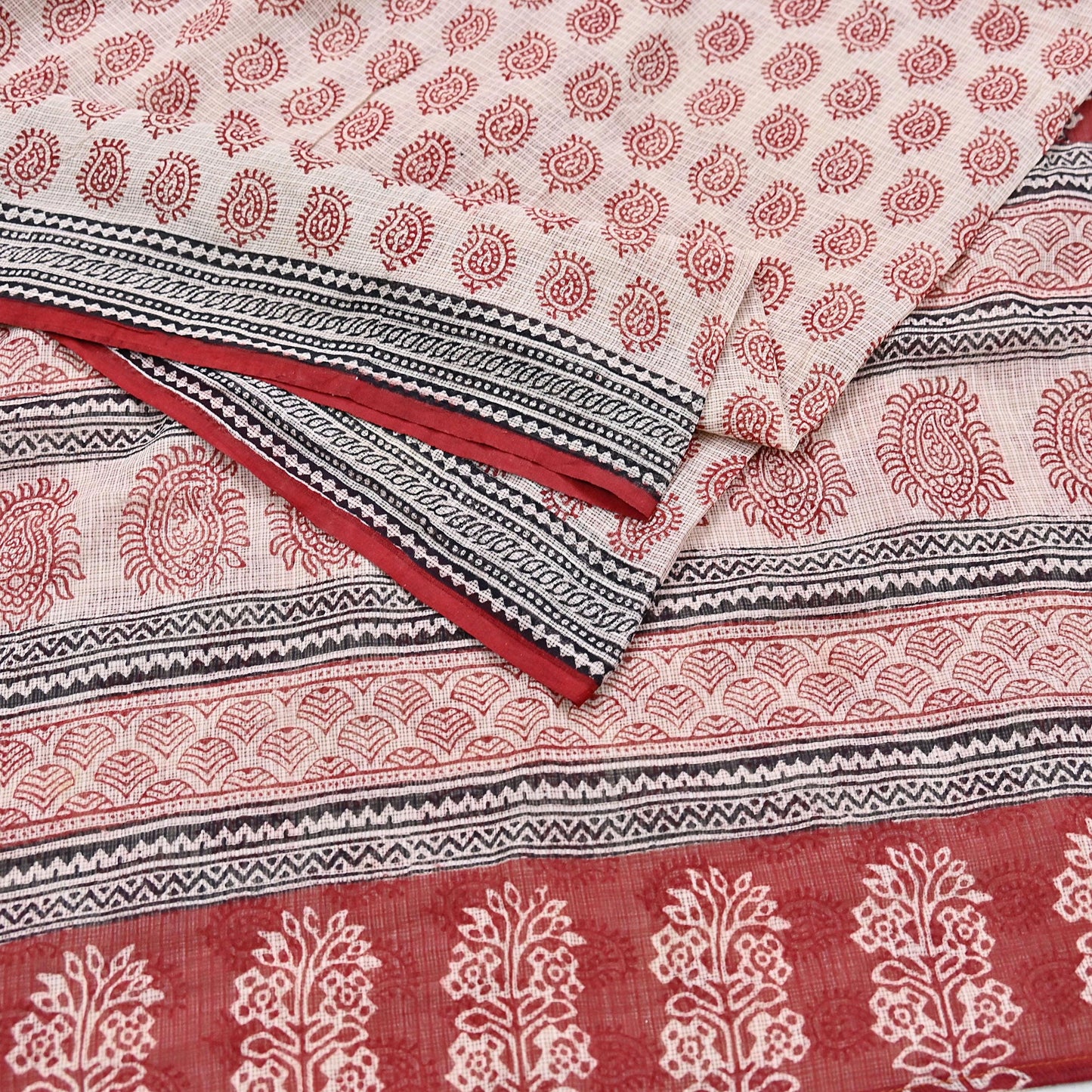 Indian Vintage Red & Beige Sarees Pure Cotton Block Printed Sari 5yd Sewing Craft Fabric DressMaking Soft Crafting Quilting Upcycle
