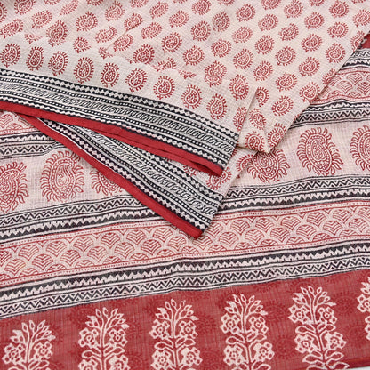 Indian Vintage Red & Beige Sarees Pure Cotton Block Printed Sari 5yd Sewing Craft Fabric DressMaking Soft Crafting Quilting Upcycle