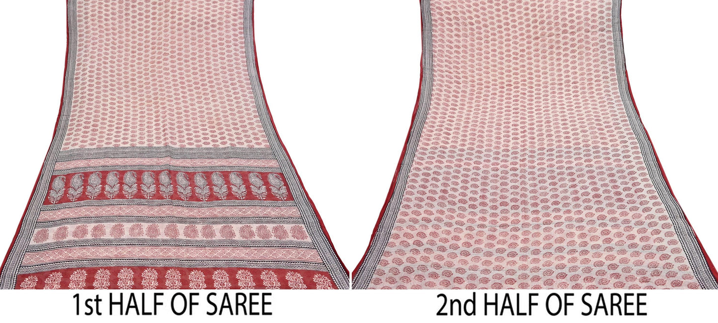 Indian Vintage Red & Beige Sarees Pure Cotton Block Printed Sari 5yd Sewing Craft Fabric DressMaking Soft Crafting Quilting Upcycle