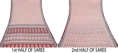 Indian Vintage Red & Beige Sarees Pure Cotton Block Printed Sari 5yd Sewing Craft Fabric DressMaking Soft Crafting Quilting Upcycle