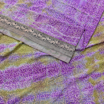 Indian Vintage Purple & Green Saree Pure Crepe Silk Hand Embroidered Tie-Dye Sari Fabric 6yard Sewing Craft Fabric Ethnic zari