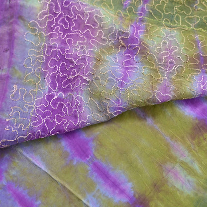 Indian Vintage Purple & Green Saree Pure Crepe Silk Hand Embroidered Tie-Dye Sari Fabric 6yard Sewing Craft Fabric Ethnic zari