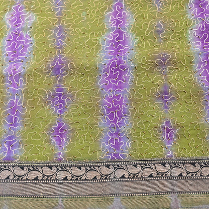 Indian Vintage Purple & Green Saree Pure Crepe Silk Hand Embroidered Tie-Dye Sari Fabric 6yard Sewing Craft Fabric Ethnic zari