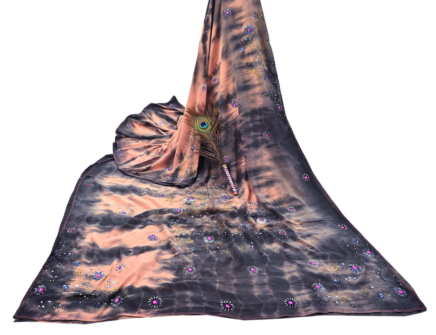 Indian Vintage Saree Peach & Black Pure Crepe Silk Hand Embroidered Tie-Dye Sari Fabric 5yard Sewing Craft Fabric Dressmaking Crafting Zari