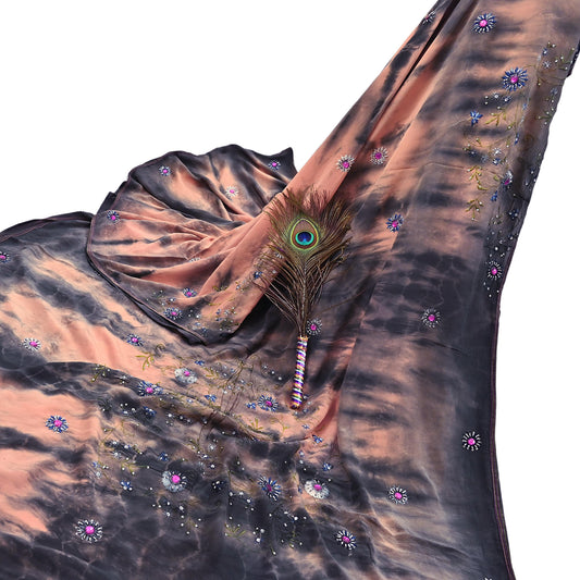 Indian Vintage Saree Peach & Black Pure Crepe Silk Hand Embroidered Tie-Dye Sari Fabric 5yard Sewing Craft Fabric Dressmaking Crafting Zari