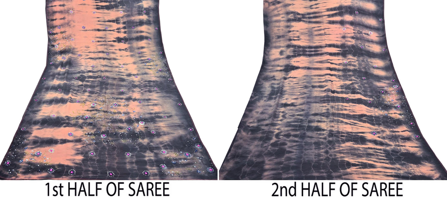 Indian Vintage Saree Peach & Black Pure Crepe Silk Hand Embroidered Tie-Dye Sari Fabric 5yard Sewing Craft Fabric Dressmaking Crafting Zari