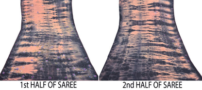 Indian Vintage Saree Peach & Black Pure Crepe Silk Hand Embroidered Tie-Dye Sari Fabric 5yard Sewing Craft Fabric Dressmaking Crafting Zari