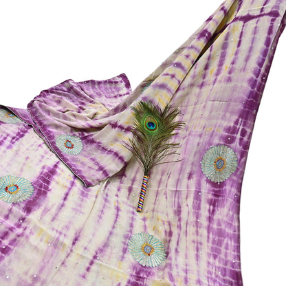 Indian Vintage Purple & Ivory Saree Pure Crepe Silk Hand Embroidered Tie-Dye Sari Fabric 5yard Sewing Craft Fabric Ethnic zari