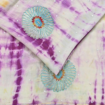 Indian Vintage Purple & Ivory Saree Pure Crepe Silk Hand Embroidered Tie-Dye Sari Fabric 5yard Sewing Craft Fabric Ethnic zari
