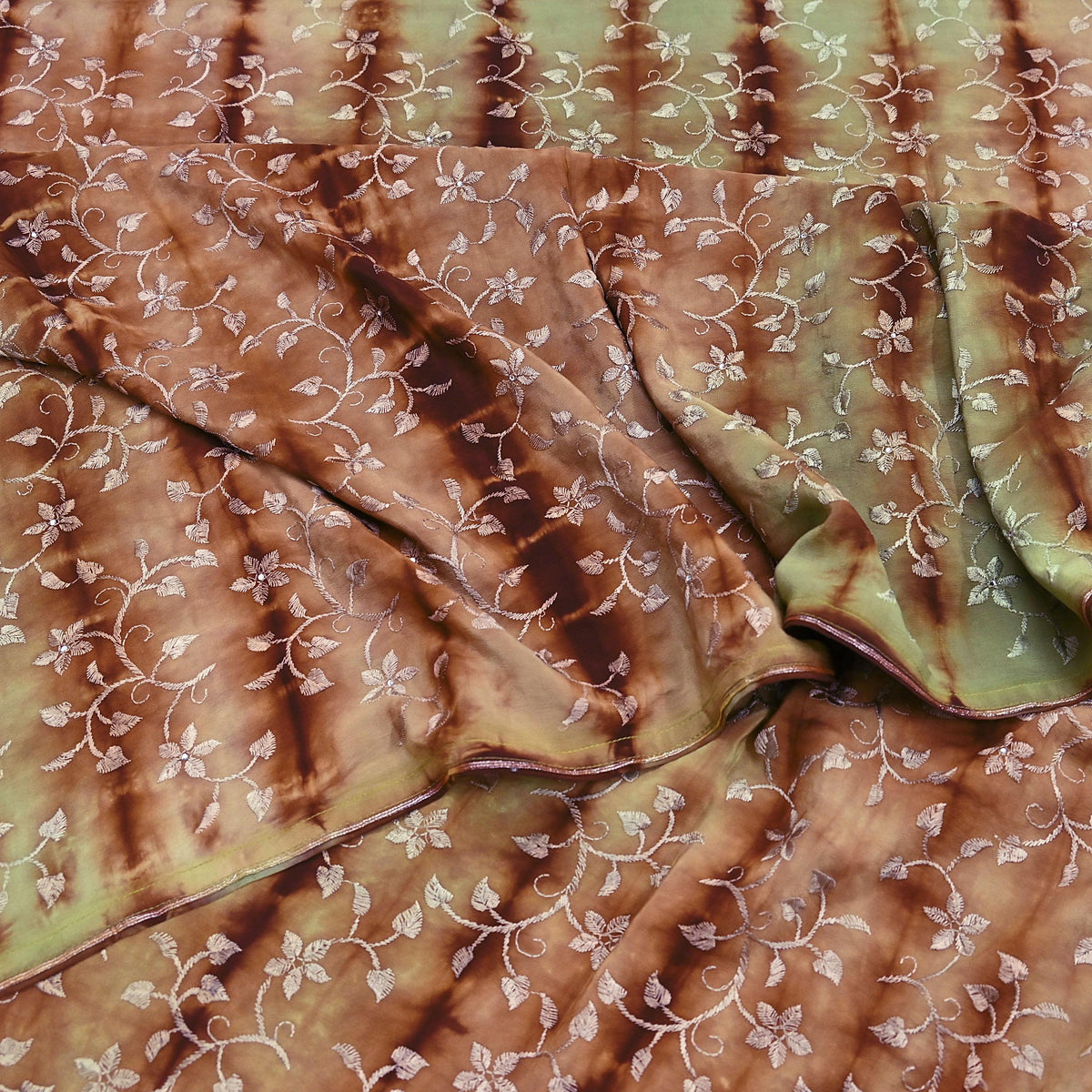 Indian Vintage Saree Brown & Green Pure Crepe Silk Tie-Dye Embroidered Sari Fabric 5yard Sewing Floral Soft Zari