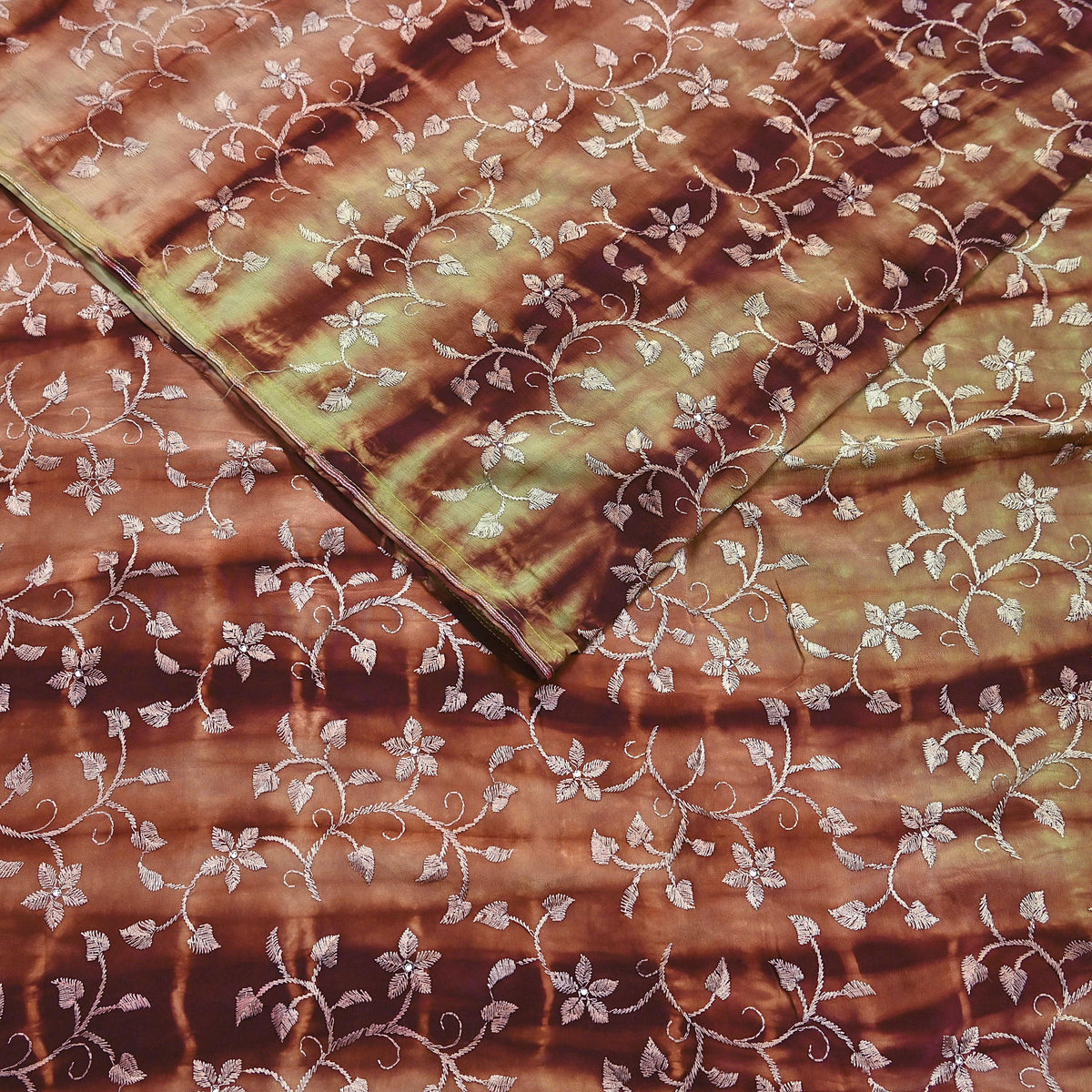 Indian Vintage Saree Brown & Green Pure Crepe Silk Tie-Dye Embroidered Sari Fabric 5yard Sewing Floral Soft Zari