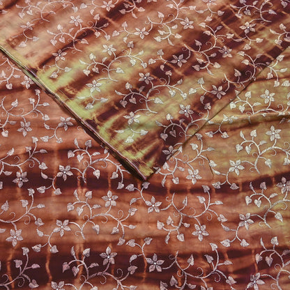 Indian Vintage Saree Brown & Green Pure Crepe Silk Tie-Dye Embroidered Sari Fabric 5yard Sewing Floral Soft Zari