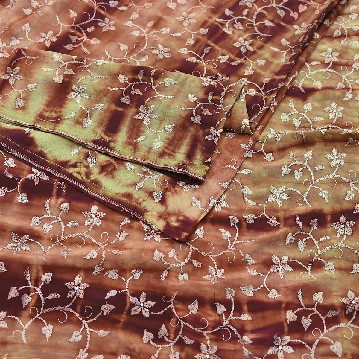 Indian Vintage Saree Brown & Green Pure Crepe Silk Tie-Dye Embroidered Sari Fabric 5yard Sewing Floral Soft Zari