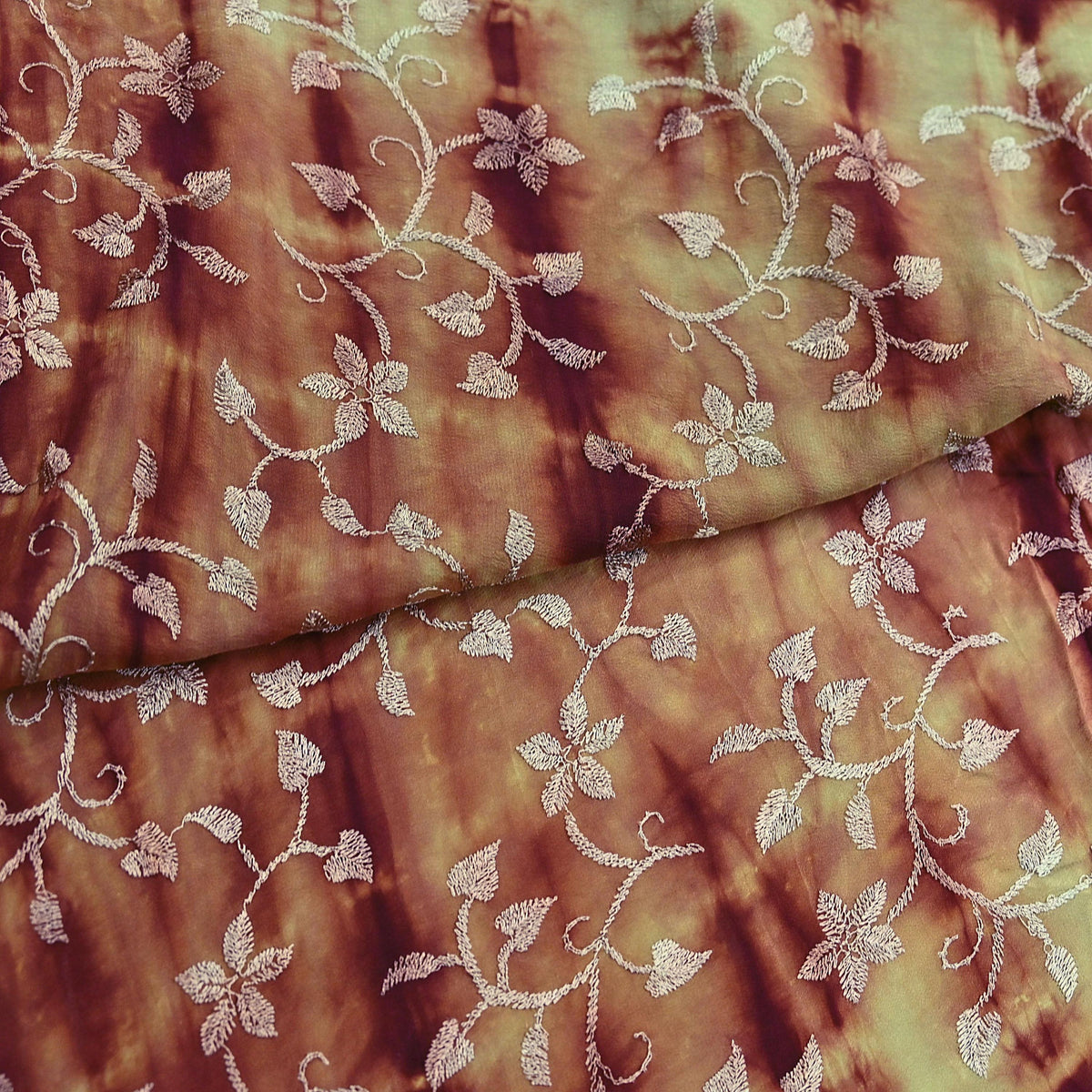 Indian Vintage Saree Brown & Green Pure Crepe Silk Tie-Dye Embroidered Sari Fabric 5yard Sewing Floral Soft Zari