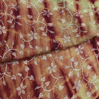 Indian Vintage Saree Brown & Green Pure Crepe Silk Tie-Dye Embroidered Sari Fabric 5yard Sewing Floral Soft Zari