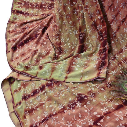 Indian Vintage Saree Brown & Green Pure Crepe Silk Tie-Dye Embroidered Sari Fabric 5yard Sewing Floral Soft Zari