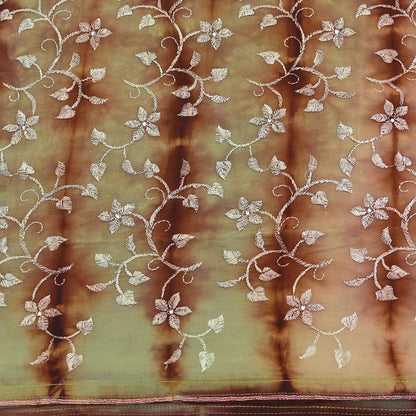 Indian Vintage Saree Brown & Green Pure Crepe Silk Tie-Dye Embroidered Sari Fabric 5yard Sewing Floral Soft Zari