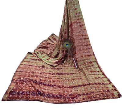 Indian Vintage Saree Brown & Green Pure Crepe Silk Tie-Dye Embroidered Sari Fabric 5yard Sewing Floral Soft Zari