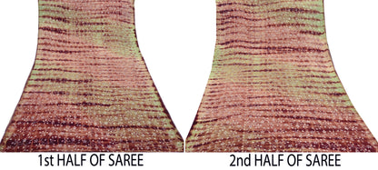 Indian Vintage Saree Brown & Green Pure Crepe Silk Tie-Dye Embroidered Sari Fabric 5yard Sewing Floral Soft Zari