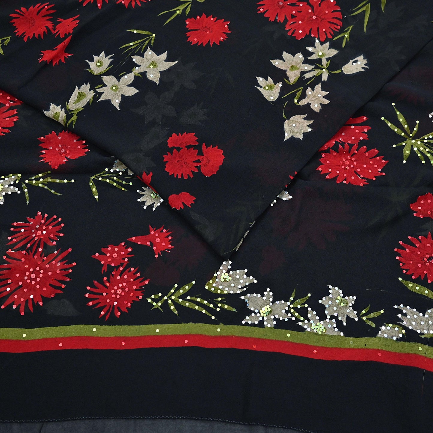 Indian Vintage Sari Black Pure Georgette Silk Printed Saree Craft Fabric Sewing 6Yd Soft Light Dress Making Crafting Quilting Upcycle