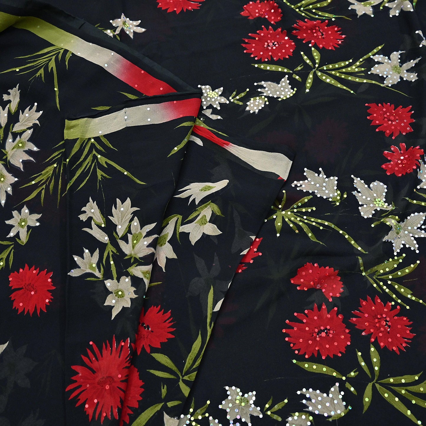 Indian Vintage Sari Black Pure Georgette Silk Printed Saree Craft Fabric Sewing 6Yd Soft Light Dress Making Crafting Quilting Upcycle