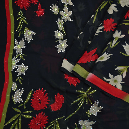 Indian Vintage Sari Black Pure Georgette Silk Printed Saree Craft Fabric Sewing 6Yd Soft Light Dress Making Crafting Quilting Upcycle