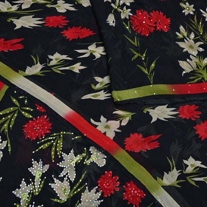 Indian Vintage Sari Black Pure Georgette Silk Printed Saree Craft Fabric Sewing 6Yd Soft Light Dress Making Crafting Quilting Upcycle