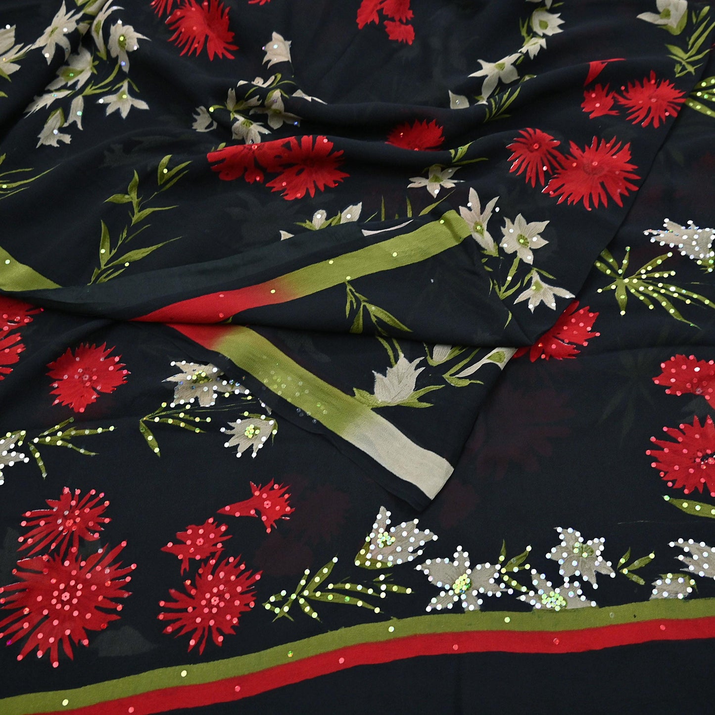 Indian Vintage Sari Black Pure Georgette Silk Printed Saree Craft Fabric Sewing 6Yd Soft Light Dress Making Crafting Quilting Upcycle