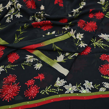 Indian Vintage Sari Black Pure Georgette Silk Printed Saree Craft Fabric Sewing 6Yd Soft Light Dress Making Crafting Quilting Upcycle