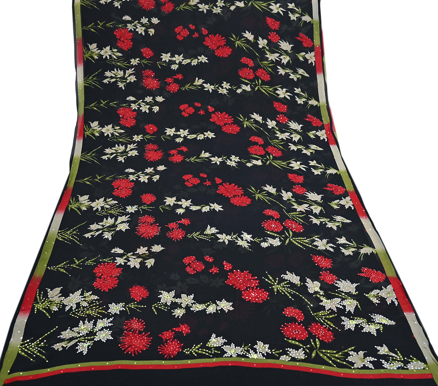 Indian Vintage Sari Black Pure Georgette Silk Printed Saree Craft Fabric Sewing 6Yd Soft Light Dress Making Crafting Quilting Upcycle