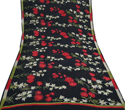 Indian Vintage Sari Black Pure Georgette Silk Printed Saree Craft Fabric Sewing 6Yd Soft Light Dress Making Crafting Quilting Upcycle