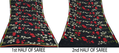 Indian Vintage Sari Black Pure Georgette Silk Printed Saree Craft Fabric Sewing 6Yd Soft Light Dress Making Crafting Quilting Upcycle