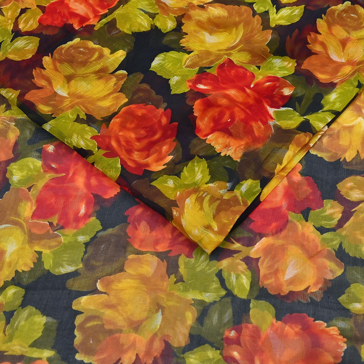 Vintage Sari Black 100% Pure Chiffon Silk Printed Sarees Sewing 5yd Craft Fabric Soft Dress Designing for Crafting Floral Quilting Upcycle