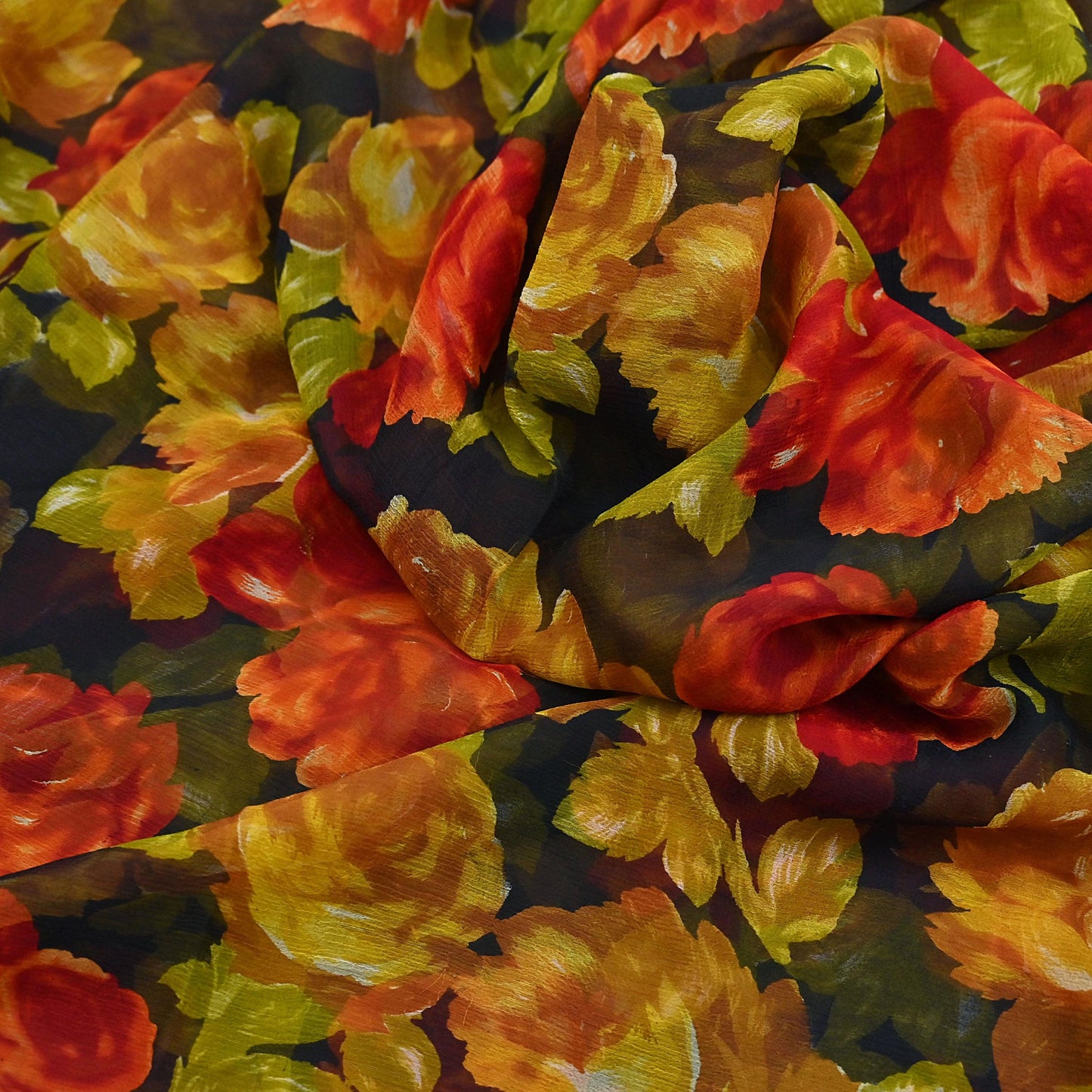 Vintage Sari Black 100% Pure Chiffon Silk Printed Sarees Sewing 5yd Craft Fabric Soft Dress Designing for Crafting Floral Quilting Upcycle