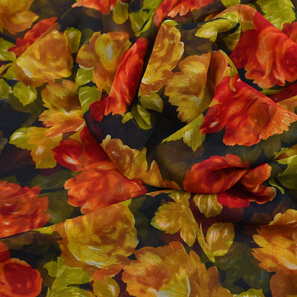 Vintage Sari Black 100% Pure Chiffon Silk Printed Sarees Sewing 5yd Craft Fabric Soft Dress Designing for Crafting Floral Quilting Upcycle