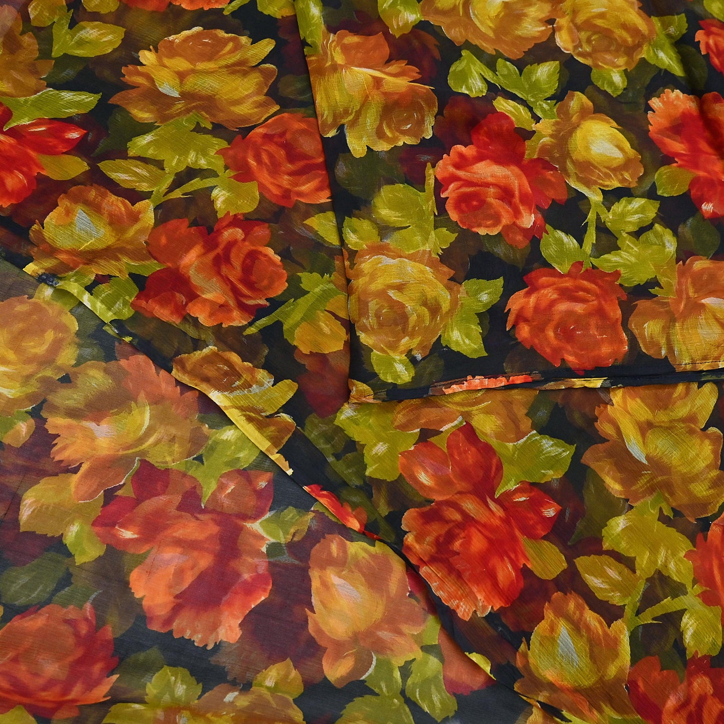 Vintage Sari Black 100% Pure Chiffon Silk Printed Sarees Sewing 5yd Craft Fabric Soft Dress Designing for Crafting Floral Quilting Upcycle