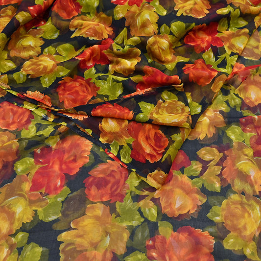 Vintage Sari Black 100% Pure Chiffon Silk Printed Sarees Sewing 5yd Craft Fabric Soft Dress Designing for Crafting Floral Quilting Upcycle