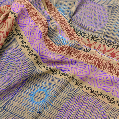 Indian Vintage Sari Beige Pure Georgette Silk Block Printed Sarees Craft Fabric Sewing 5Yd Soft Sari Dress Making Crafting Quilting Upcycle