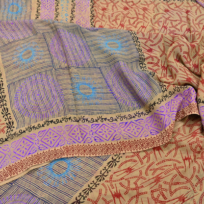 Indian Vintage Sari Beige Pure Georgette Silk Block Printed Sarees Craft Fabric Sewing 5Yd Soft Sari Dress Making Crafting Quilting Upcycle
