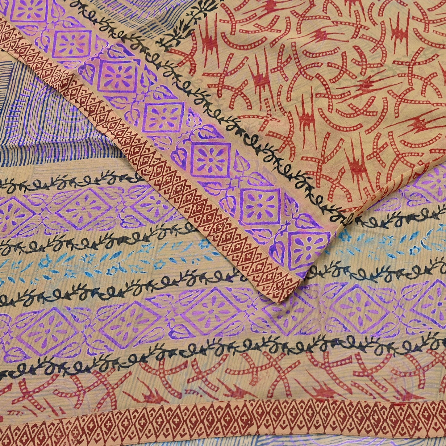 Indian Vintage Sari Beige Pure Georgette Silk Block Printed Sarees Craft Fabric Sewing 5Yd Soft Sari Dress Making Crafting Quilting Upcycle