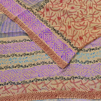 Indian Vintage Sari Beige Pure Georgette Silk Block Printed Sarees Craft Fabric Sewing 5Yd Soft Sari Dress Making Crafting Quilting Upcycle