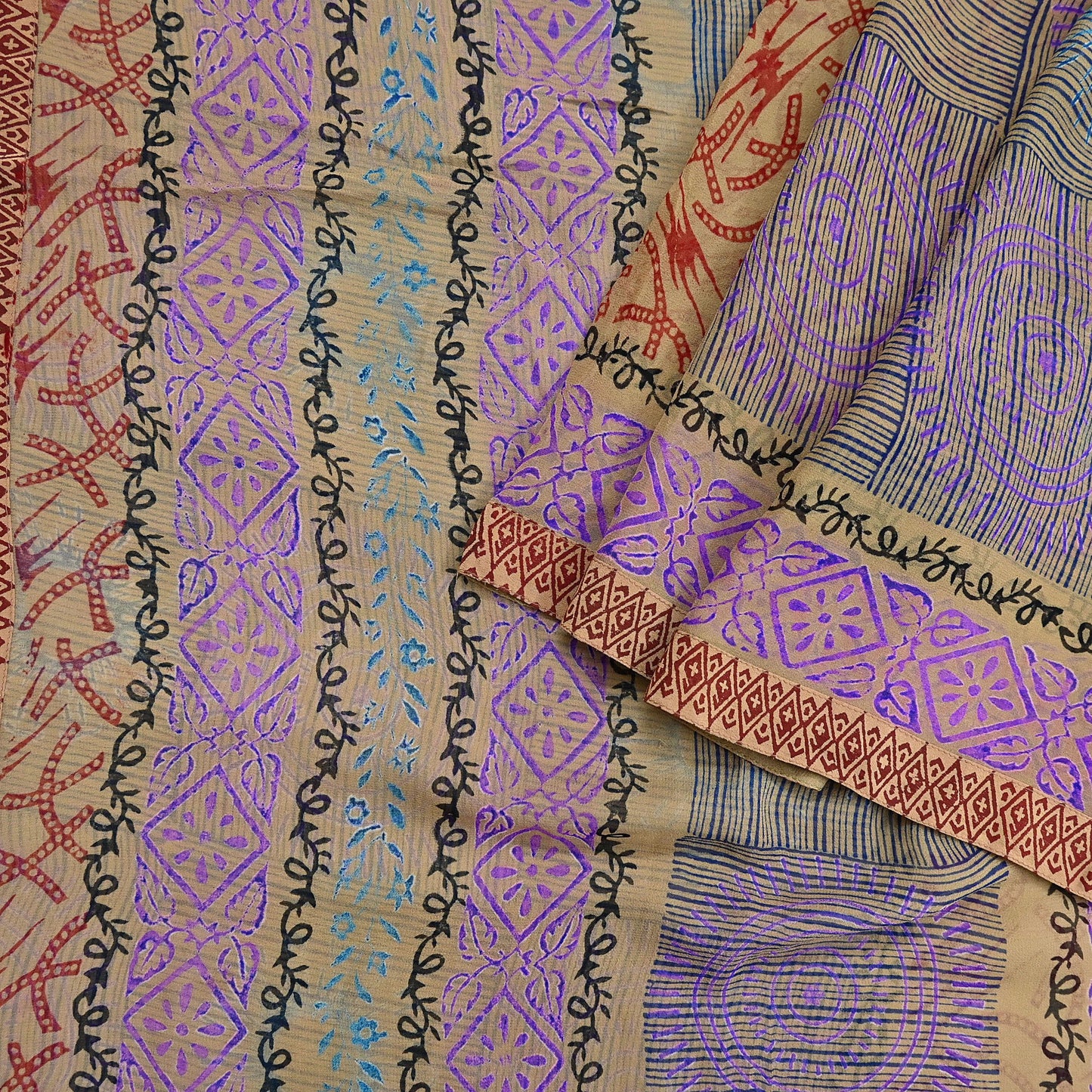 Indian Vintage Sari Beige Pure Georgette Silk Block Printed Sarees Craft Fabric Sewing 5Yd Soft Sari Dress Making Crafting Quilting Upcycle