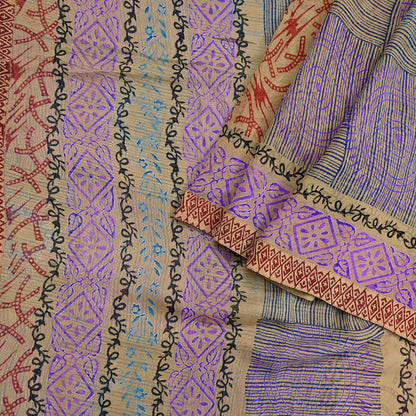 Indian Vintage Sari Beige Pure Georgette Silk Block Printed Sarees Craft Fabric Sewing 5Yd Soft Sari Dress Making Crafting Quilting Upcycle