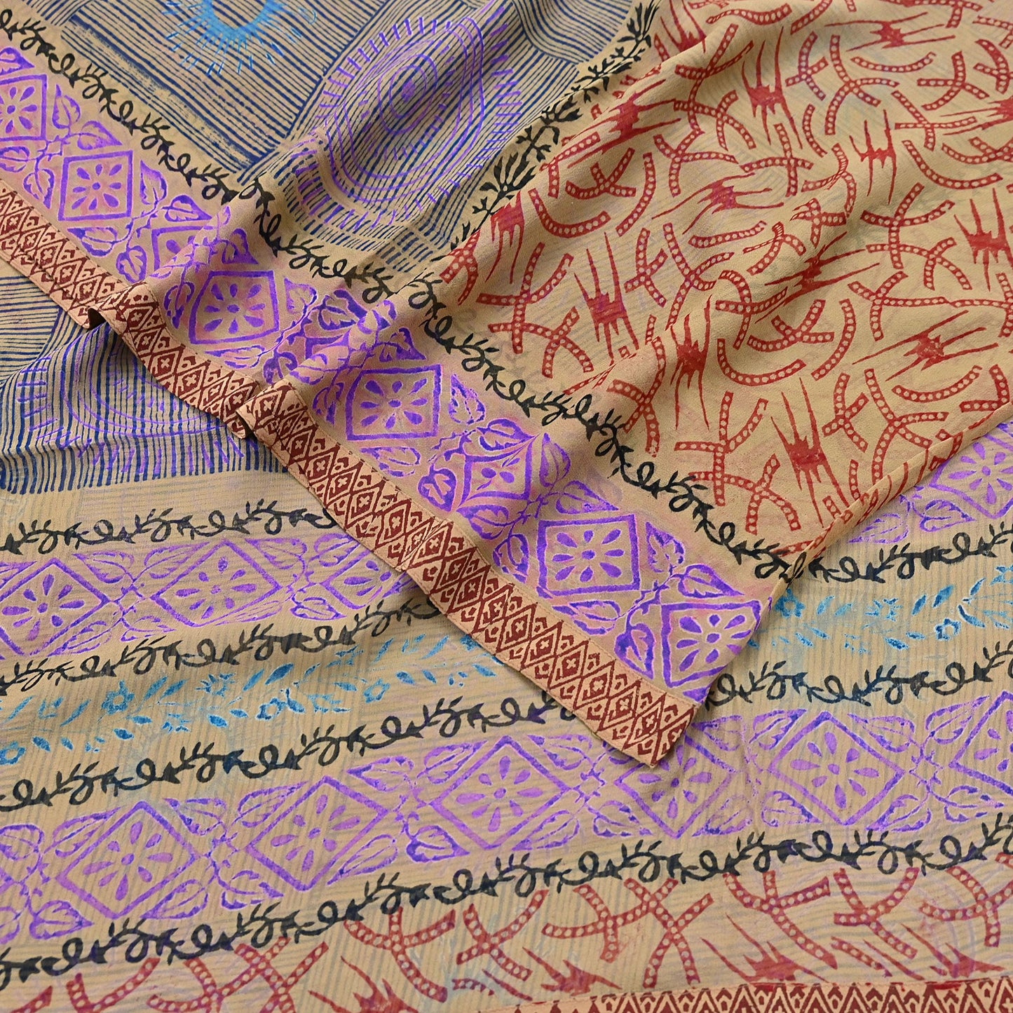Indian Vintage Sari Beige Pure Georgette Silk Block Printed Sarees Craft Fabric Sewing 5Yd Soft Sari Dress Making Crafting Quilting Upcycle